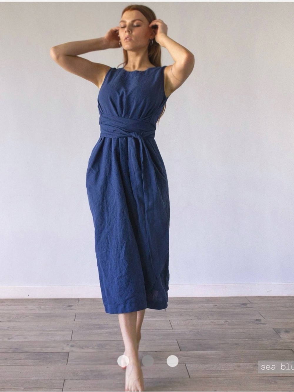 Len Ok Sleeveless Navy Linen Midi Dress with Self-Tie Waist